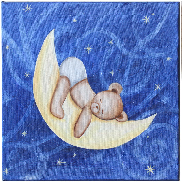 tableau nounours sur lune,tableau peint main pour chambre bébé, tableau brille la nuit