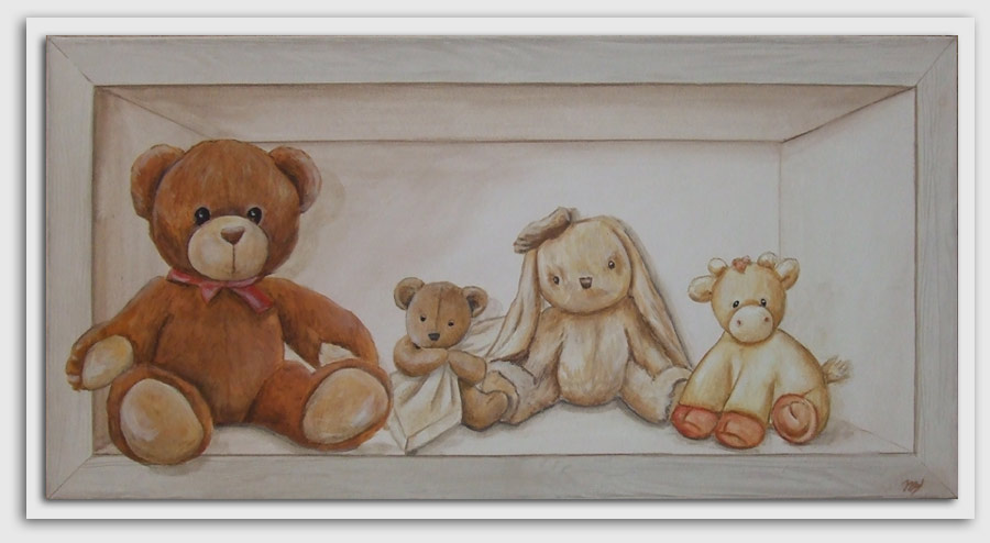 tableau pour chambre de bébé,tableau trompe l`oeil,tableau avec nounours,décoration mural pour bébé